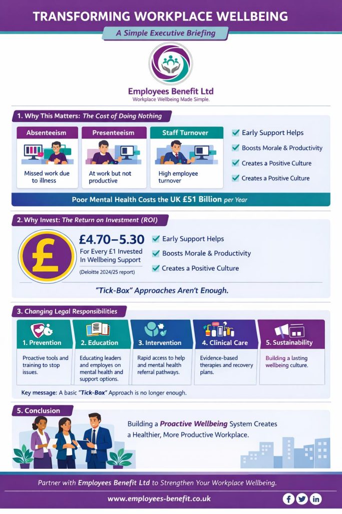 Workplace Mental Health Infographic on workplace wellbeing, featuring services, benefits, and contact details.